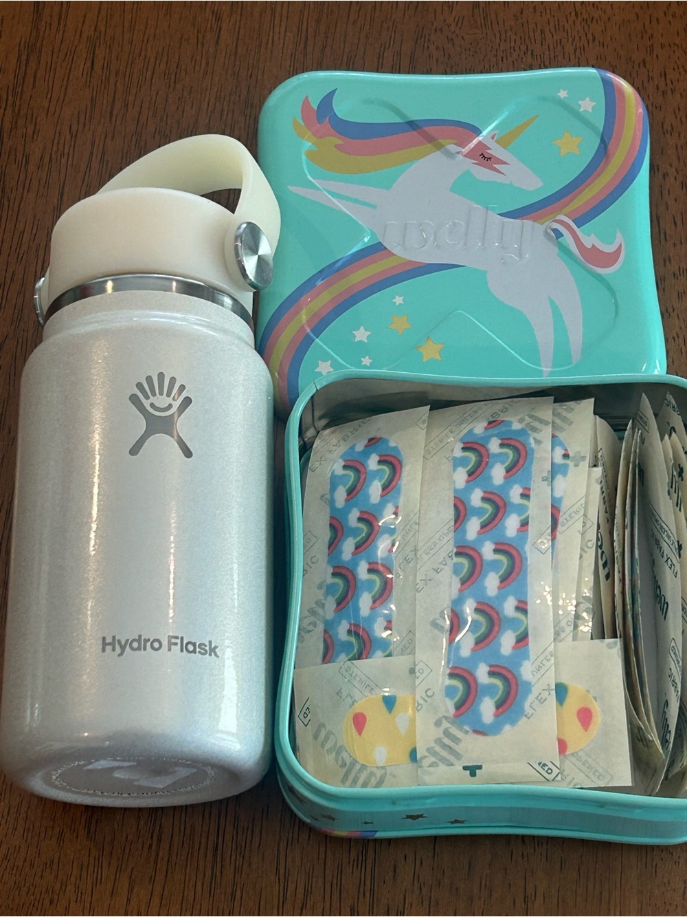 Urban Outfitters Glitter White Kids Water Bottle with Unicorn Tin